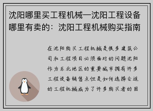 沈阳哪里买工程机械—沈阳工程设备哪里有卖的：沈阳工程机械购买指南